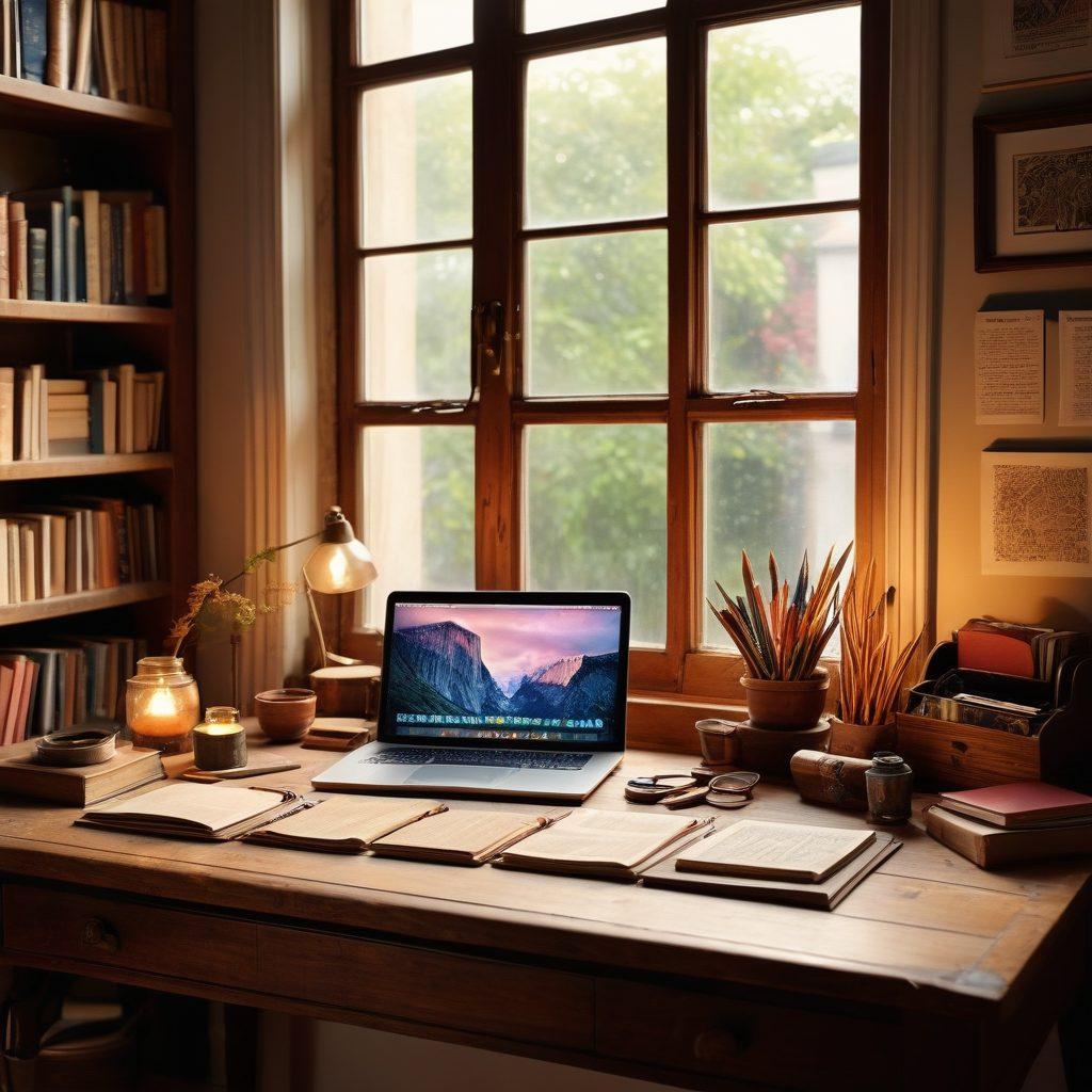 A split scene illustrating an antique wooden desk piled with vintage journals, quills, and ink pots on one side, seamlessly transitioning to a modern desktop setup featuring sleek laptops and digital screens displaying colorful online journals. Bright light filters through a window, casting warm tones over the nostalgic side and cool tones over the digital side, symbolizing the journey from traditional to modern storytelling. super-realistic. vibrant colors. cozy atmosphere.