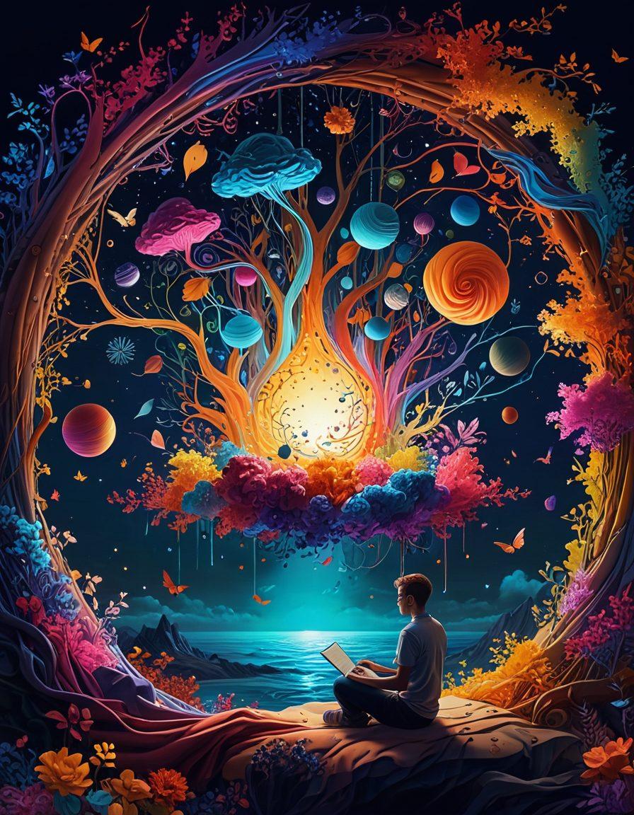 A surreal scene depicting a storyteller sitting at a vibrant digital interface, weaving colorful threads of thoughts into a tapestry of blog posts. Surrounding them are floating icons representing personal reflections, narratives, and emotions in an ethereal landscape. Incorporate elements of technology and creativity merging, with a warm glow illuminating the storyteller. Add whimsical details like animated words and abstract imagery to represent engagement and storytelling. 3D. vibrant colors. fantasy.