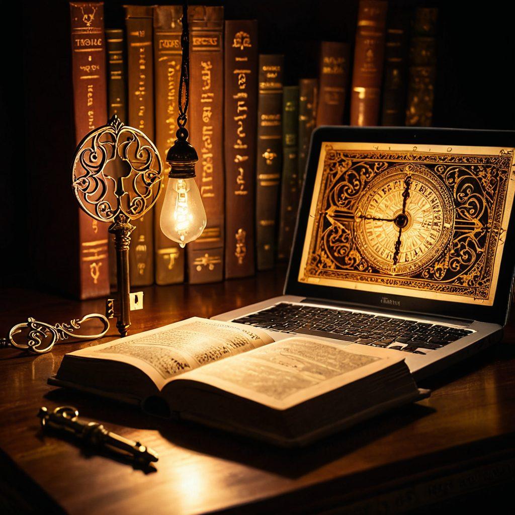 A vintage key unlocking an old, ornate book with glowing pages that symbolize digital storytelling. Surround it with modern gadgets like a laptop and tablet, interconnected with swirling digital lines. The contrast of old and new elements represents the journey of blogging through time. Soft, warm light illuminating the scene for an inviting feel. super-realistic. vibrant colors. warm tones.